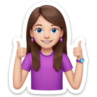 11 year old girl, blue eyes, brown long ish straight hair, smile and two thumbss up with purple STUD earings and a PINK shirt, and that you can see my whole body, and no teeth in my smile and NO watch brcelet thingy sticker