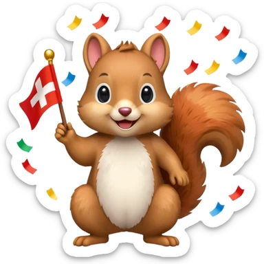 playful squirrel surrounded by confetti, waving a Swiss flag, emoji style sticker