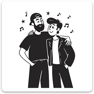 Two male musicians side by side with one arm over the other's shoulder: a 35-year-old with stylized beard, backwards cap, rocker style, and a younger 25-year-old musician, both smiling. Music notes and stars around them. Other band members celebrating in the background. sticker