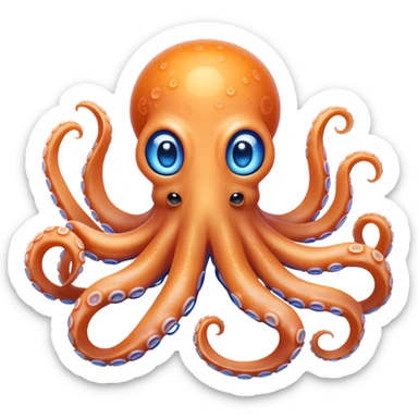 Cinematic Noble Octopus Portrait Emoji, Poised and enchanting, with a light orange body adorned with vibrant blue rings and eight delightfully curling arms with gentle suckers, large sparkling eyes exuding warmth and playfulness, Simplified yet charmingly expressive features, highly detailed, glowing with a soft, magical underwater radiance, high shine, intelligent and irresistibly cute, stylized with an air of whimsical marine enchantment, focused and fluid, soft glowing outline, capturing the essence of a watchful and endearing octopus that appears ready to float out of the screen with delightful charm! sticker