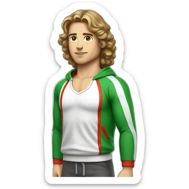 retro 70s red and green gym clothes for a modern white brunette uni male student with glass sticker