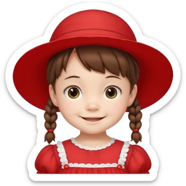 baby girl with brown hair and pigtails with red dress and a hat like My Neighbor Totoro movie sticker