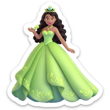 Disney Princess Tiana with extremely long black curly hair flowing down, 2c-3b curl pattern sticker