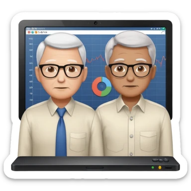 teaching somebody else in person, in the same place, watching the same monitor together, the trainee and trainer are in the similar age, two both are men, the monitor should be showing some data graphs sticker