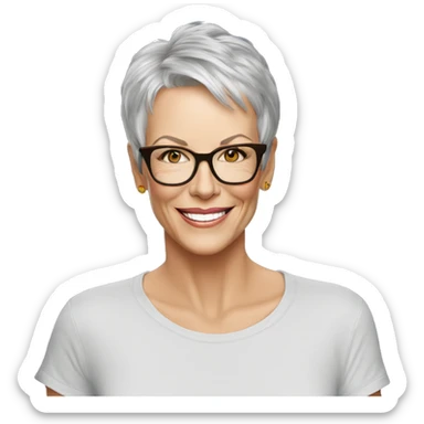 Jamie Lee Curtis smiling wearing tee sticker