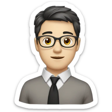 White boy wearing glasses with black hair with brown eyes with black shirt with rolled up sleeves and red tie sticker