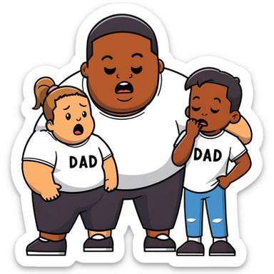 A fat short guy in a black hoodie with a ponytail is crying. Behind him are two black men, one wearing a white t-shirt with "MOM" text, the other wearing a white t-shirt with "DAD" text. sticker