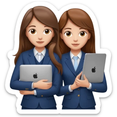 two brown haired girls, looking professional maybe leaned on each others back and looking forward and using phones, with long hair and one girl can hold lap top another one can hold the phone, professional clothes sticker