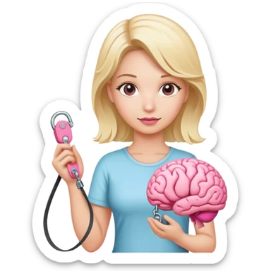 Blond woman holding a leash with a Pink brain on the end of it sticker