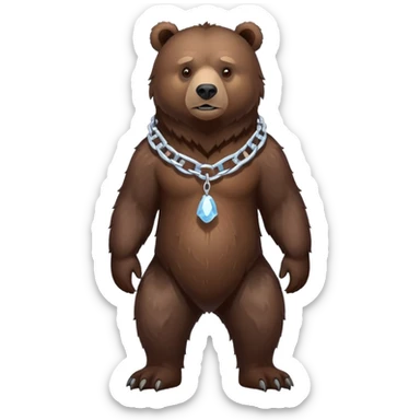 Dark chocolate brown grizzly bear shown from head to tail, standing on four legs, realistic appearance, serious face, ice chain collar, complete body sticker