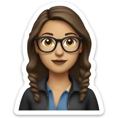 character with lightly tanned fair skin,  She is wearing wayfarer-style glasses with a black upper frame and has small gold hoop earrings. The character is a female IT developer brown hair,blue eyes. Her dark brown hair working with a MacBook
 sticker
