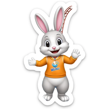 bunny mascot with a roller coaster in the background, inspired by Walibi amusement park sticker