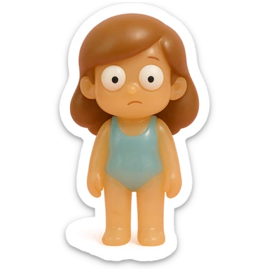 Make the beach girl very transparent and slightly see-through with a natural tan skin tone and brown hair. She should have very derpy, oversized white eyes with small black pupils looking in different directions. She wears a simple blue one-piece swimsuit and stands in a neutral pose. The figure is much smaller in the frame so her entire body is visible with no cropping. The style is retro 90's toy style: soft plastic texture, soft reflections, soft and squishy appearance, some cloudiness, not shiny, highly detailed, and appealing. No suggestive details, no tag, and no background. sticker