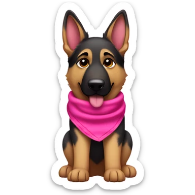 German shepherd wearing a hot pink bandana around her neck. She has black ears sticker