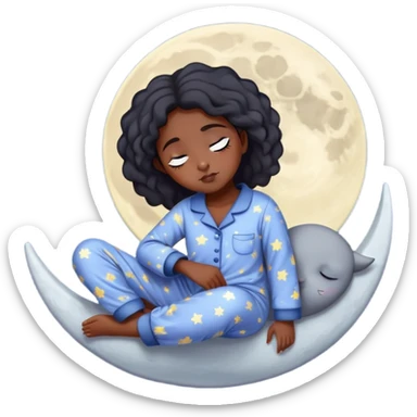 sleepy black girl on white moon in pajamas  sticker