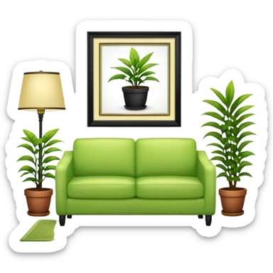 living room in ios emoji style

no TV, and make the couch a light green color

there is a lamp on one side and one plant on the other side. and no picture frame

there is a light colored rug sticker