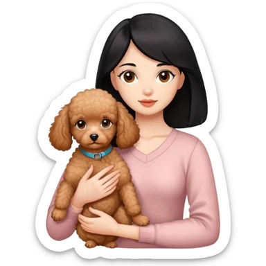 woman with  black straight hair and brown  eyes is holding a apricotpoodle puppy sticker