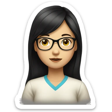 Asian girl with long black hair and glasses studying sticker
