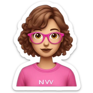 Graphic designer girl with brown hair in pink glasses wearing pink sweatshirt with text NV Designe on it sticker