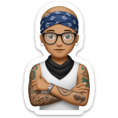 character with bandana and glasses and tattoed sticker