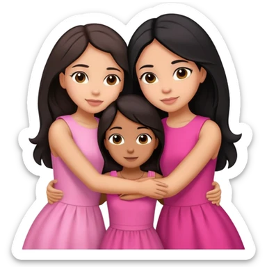Three sisters hug, light skin with long dark brown hair, tan skin long black hair, tan skin dark brown short hair, pink dresses sticker