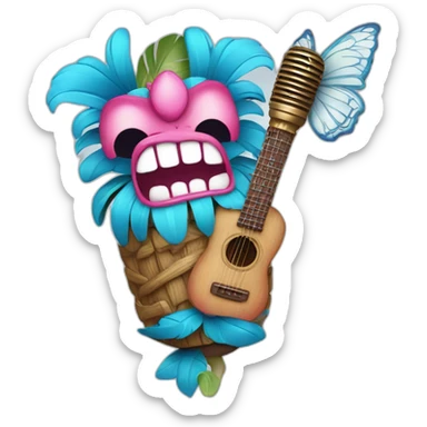Cartoon Blue and pink tiki singing with butterfly and in the mikrophone sticker