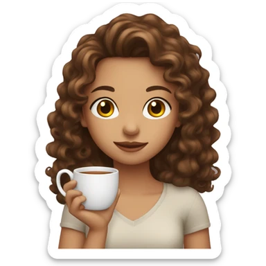 girl with small brown eyes and long brown curly hair holding a tea mug sticker