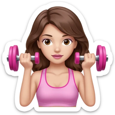 girl with wavy long brown hair, brown eyes, light to medium complexion, long lashes, light pink lipstick, wearing light pink shirt, lifting a pink dumbbells in a sports top sticker