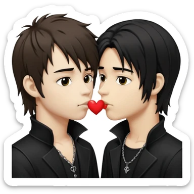 Goth Boys, one goth boy pale with shaggy brown hair the other a goth boy tan with long black hair, kissing sticker