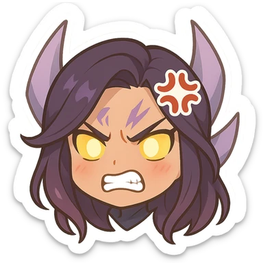 Kaisa from League of Legends, angry emote, chibi style, only head, with glowing eyes sticker