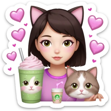 asian girl with short dark brown hair and dark brown eyes with a soft girl pink glowup aesthetic, matcha latte, 2 light brownragdoll cats, and sparkles, makeup, and money sticker