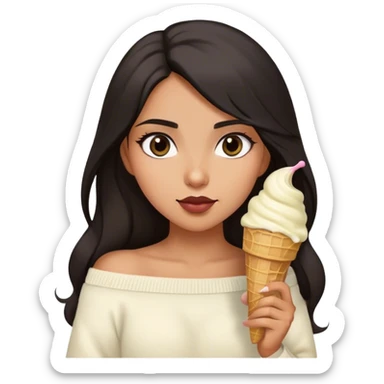Latina girl with dark long hair and dark eyes and olive skin wearing white off shoulder sweater with ice cream cone  sticker