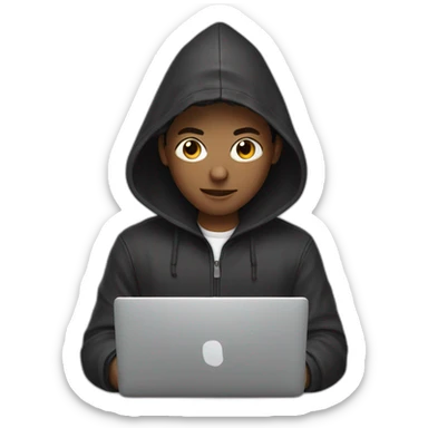 Young man with a hood behind his laptop sticker