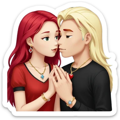 young 20 year old couple kissing, girl with long cherry red hair and blonde eyebrows wearing gold necklace with letter A, diamond gold ring, red bracelet and light clothes, boy with pure snow white hair wearing dark t-shirt and silver ring with black stone sticker