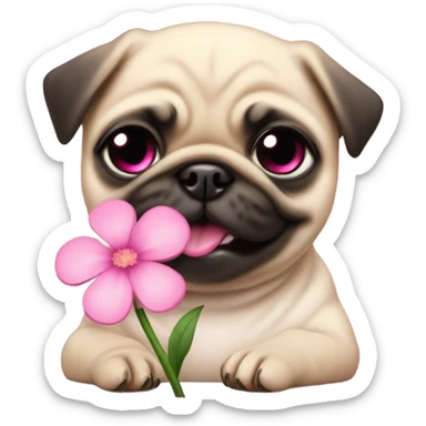 Baby pug playing with a flower pink eyes  sticker