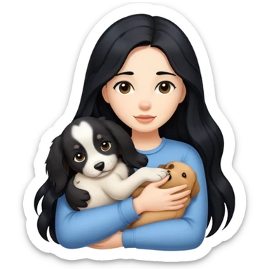 A woman with long black hair hugs a puppy tightly sticker