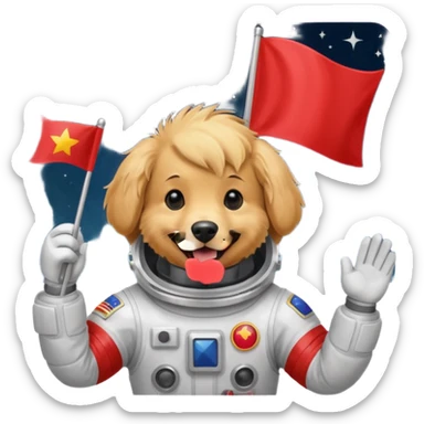 golden retriever in space suit holding red rectangle flag sticker
