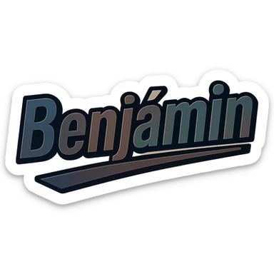 Benjámin name in masculine, modern gradient font with dark contour and thin white edging, dynamic slanted underline, masculine color shades (blue, gray, burgundy, green, brown), 1000x1000 px, PNG, transparent background, in the style of the uploaded Attila sample sticker