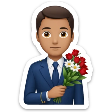 Homme avec bouquet fleurs blanches, avec uniforme bleu foncé cravate rouge, arabe raie sur le coté, brun un peu bronzé et yeux marrons  sticker