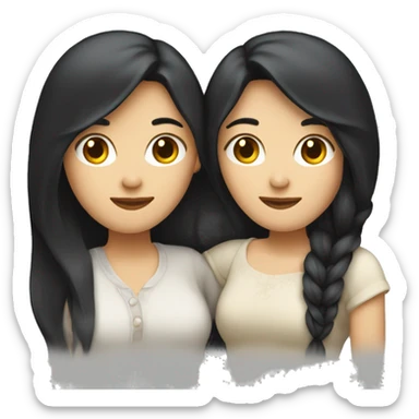 A lesbian couple with white skin and long black hair hugging intimately sticker