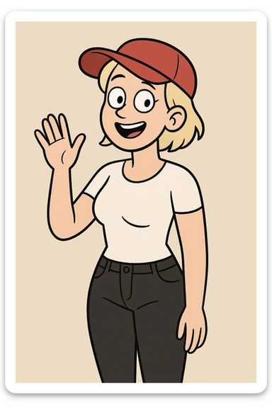 A woman Very Light Blonde short hair Red Ultimate panel Cap white top black jeans a hand say hello sticker