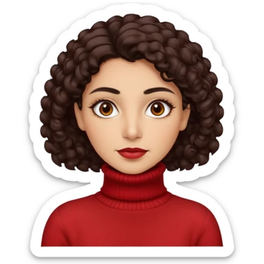 30 yr iranian woman dark brown hair curly wavy short hair, red turtle neck sweater, very thick eyebrows, light skin, dark brown eyes sticker