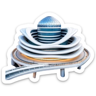 Realistic Dongdaemun Design Plaza (DDP) Landmark Emoji, featuring the iconic curving silver structure with futuristic architecture, illuminated pathways, and a sleek modern design set against the Seoul cityscape. sticker