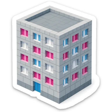 Russian panel apartment building, square block, light gray, alternating pink and white windows, isometric view sticker