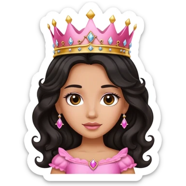 Very tanned princess, with long black wavy hair and a crown, a pink princess Outfit sticker