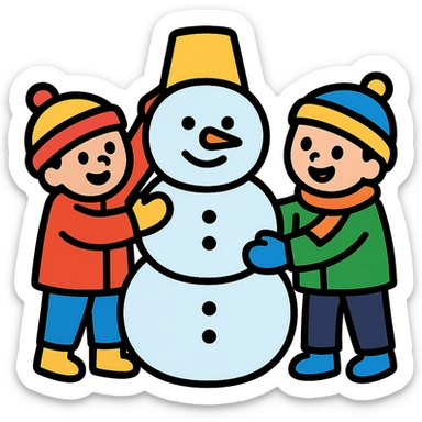 kids building a snowman, cheerful and clear sticker