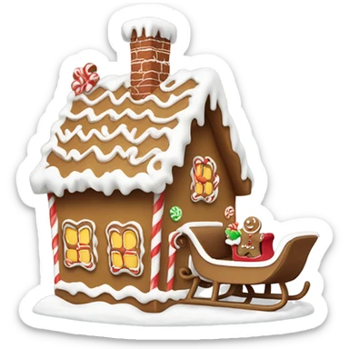 gingerbread house with Santa’s sleigh in the air above sticker