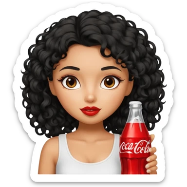 a pretty tan bratz girl with black curly hair drinking coca cola. no makeup. white top sticker