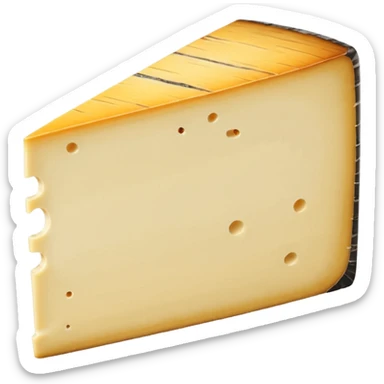 wedge of Morbier cheese, pale yellow semi-soft inside, thin dark horizontal line of vegetable ash across center, smooth elastic slightly glossy surface, natural beige rind, soft lighting, subtle shadows, emoji scale sticker