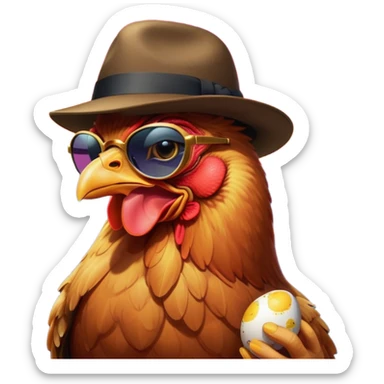 Chicken in the image of an Italian mafioso
— A small fedora, a cigar in the mouth, dark glasses, and a golden egg in the beak. In the background — neon, Vesuvius, whatever. Italy, passion, style. sticker